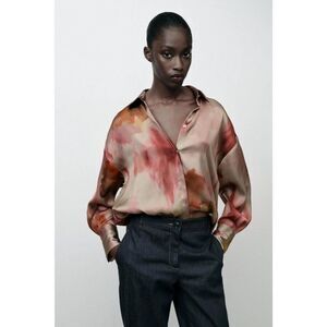 Zara Womens Button Up Blouse Shirt Size L Pink Tie Dye Satin Effect 9585/257 NWD